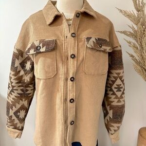 Tan Corduroy Jacket with Patterned Sleeves / Small Oversized fitting to large